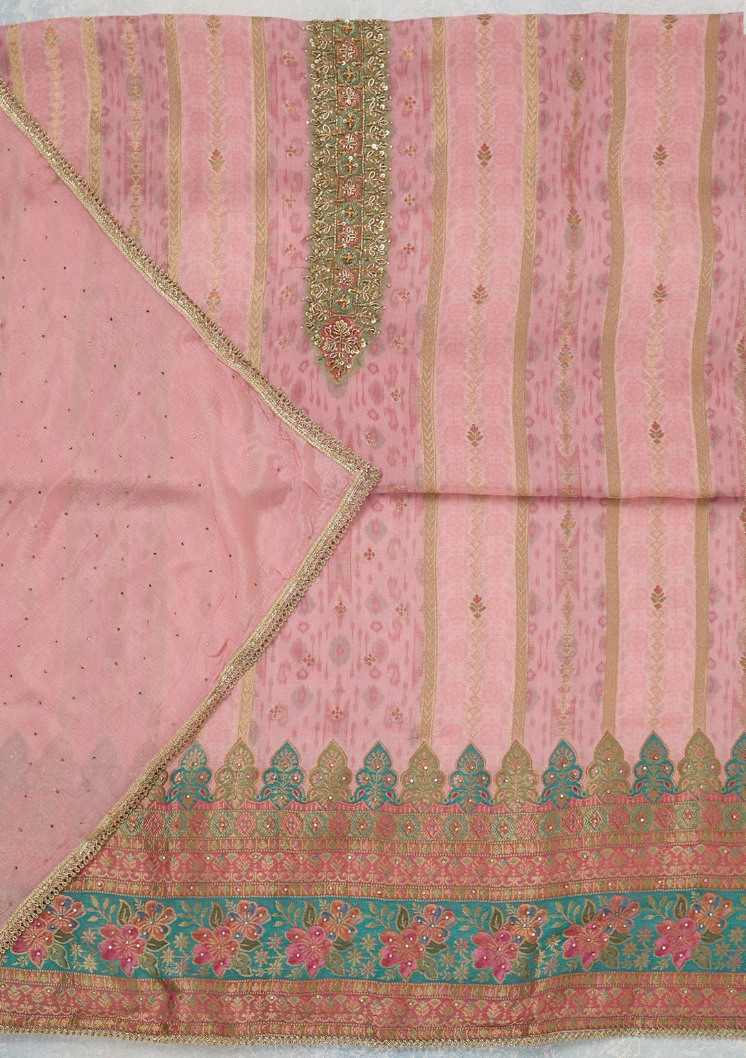 Baby Pink Zariwork (Gold) Organza Unstitched Salwar Suit_koskii
