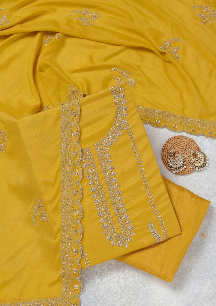 Mustard Zariwork (Gold) Georgette Unstitched Salwar Suit_koskii