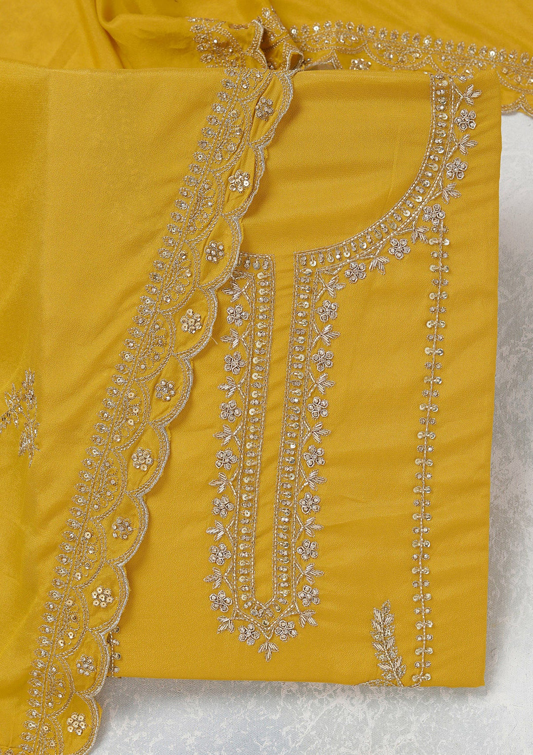 Mustard Zariwork (Gold) Georgette Unstitched Salwar Suit_koskii