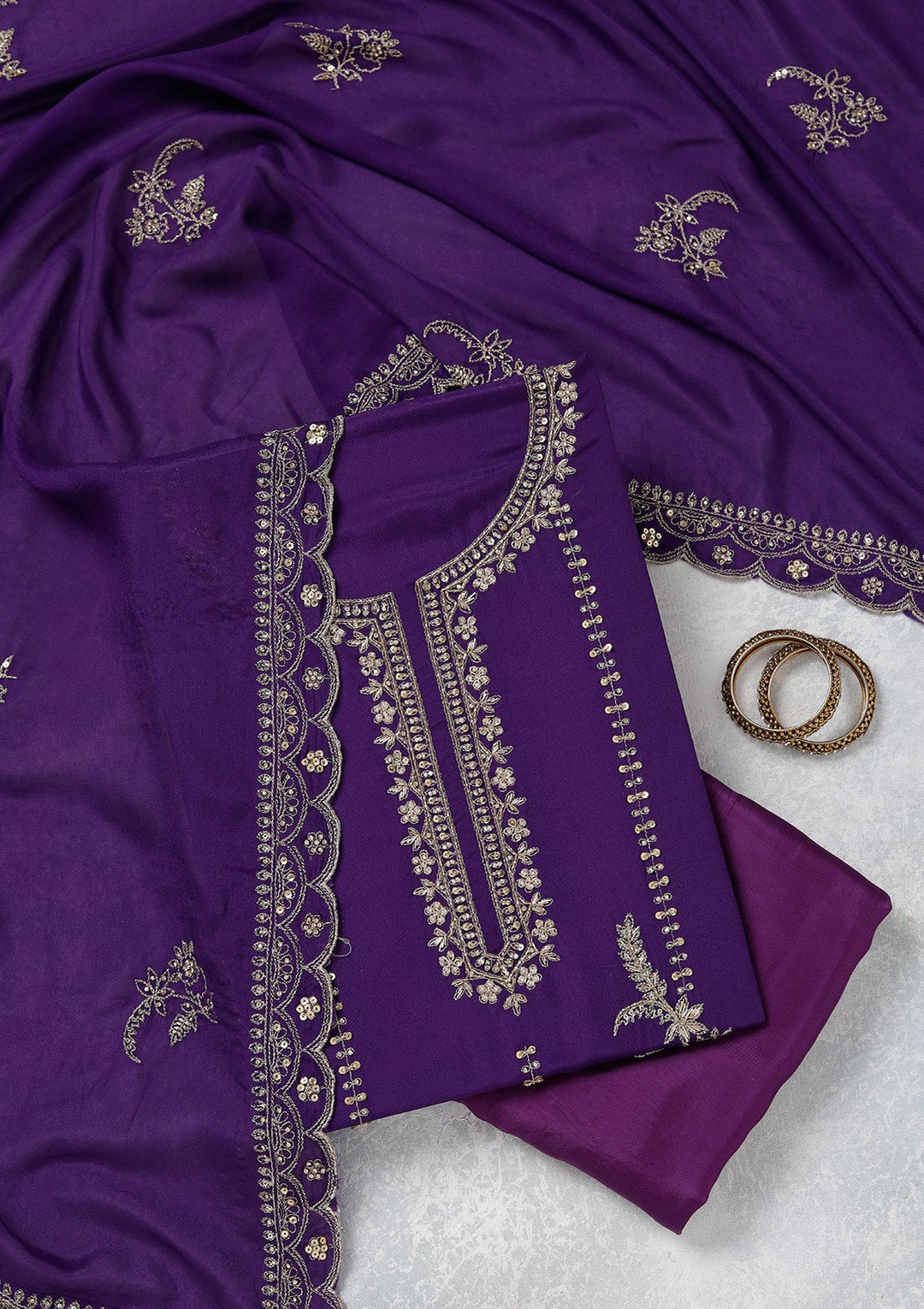 Purple Zariwork (Gold) Georgette Unstitched Salwar Suit_koskii