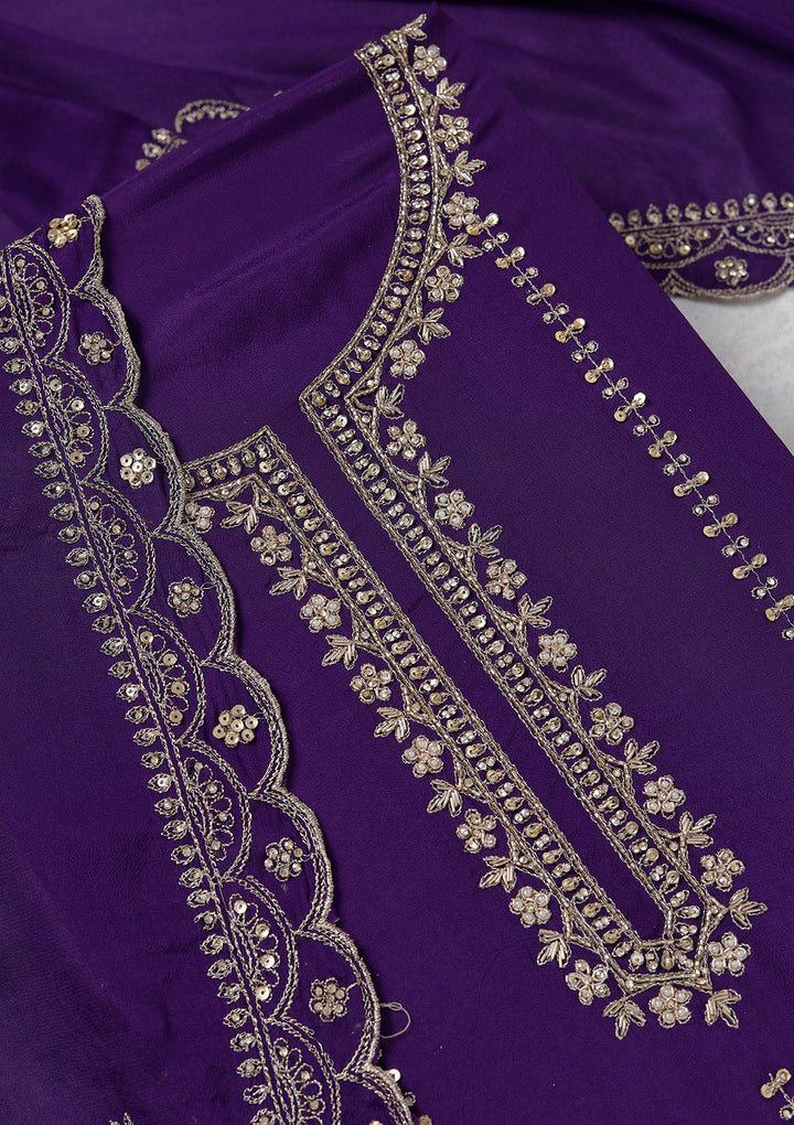 Purple Zariwork (Gold) Georgette Unstitched Salwar Suit_koskii