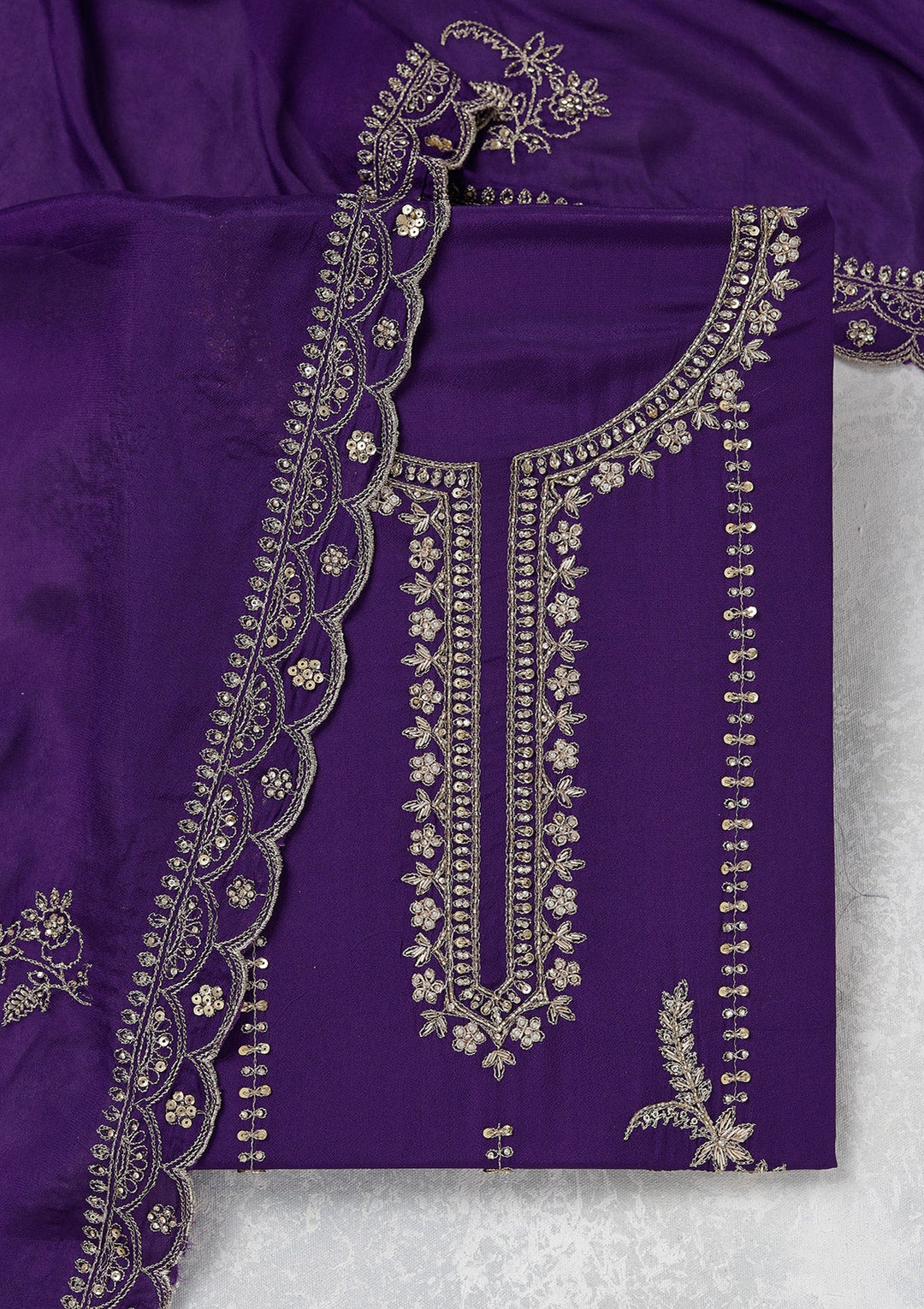 Purple Zariwork (Gold) Georgette Unstitched Salwar Suit_koskii