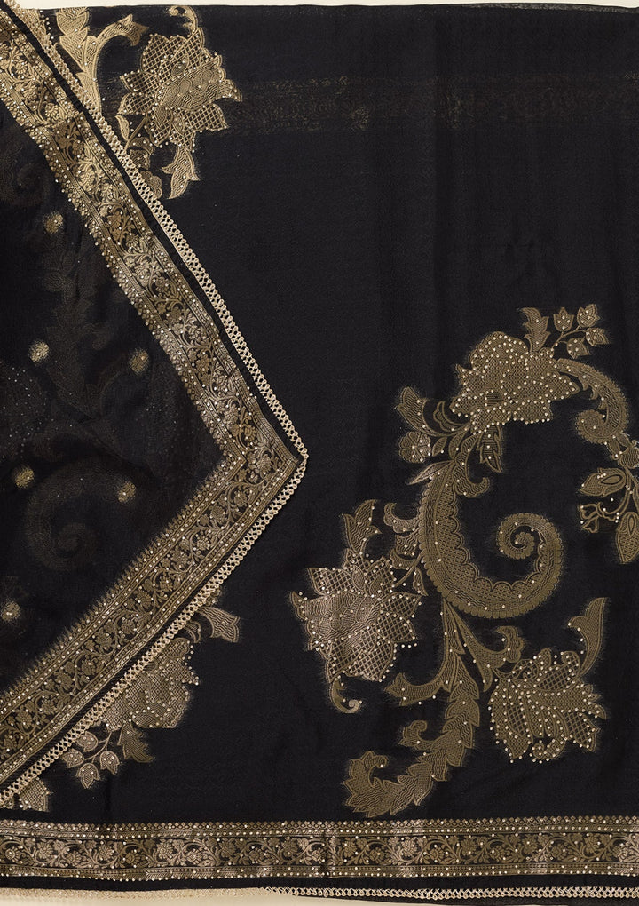 Black Zariwork (Gold) Dola Silk Unstitched Salwar Suit