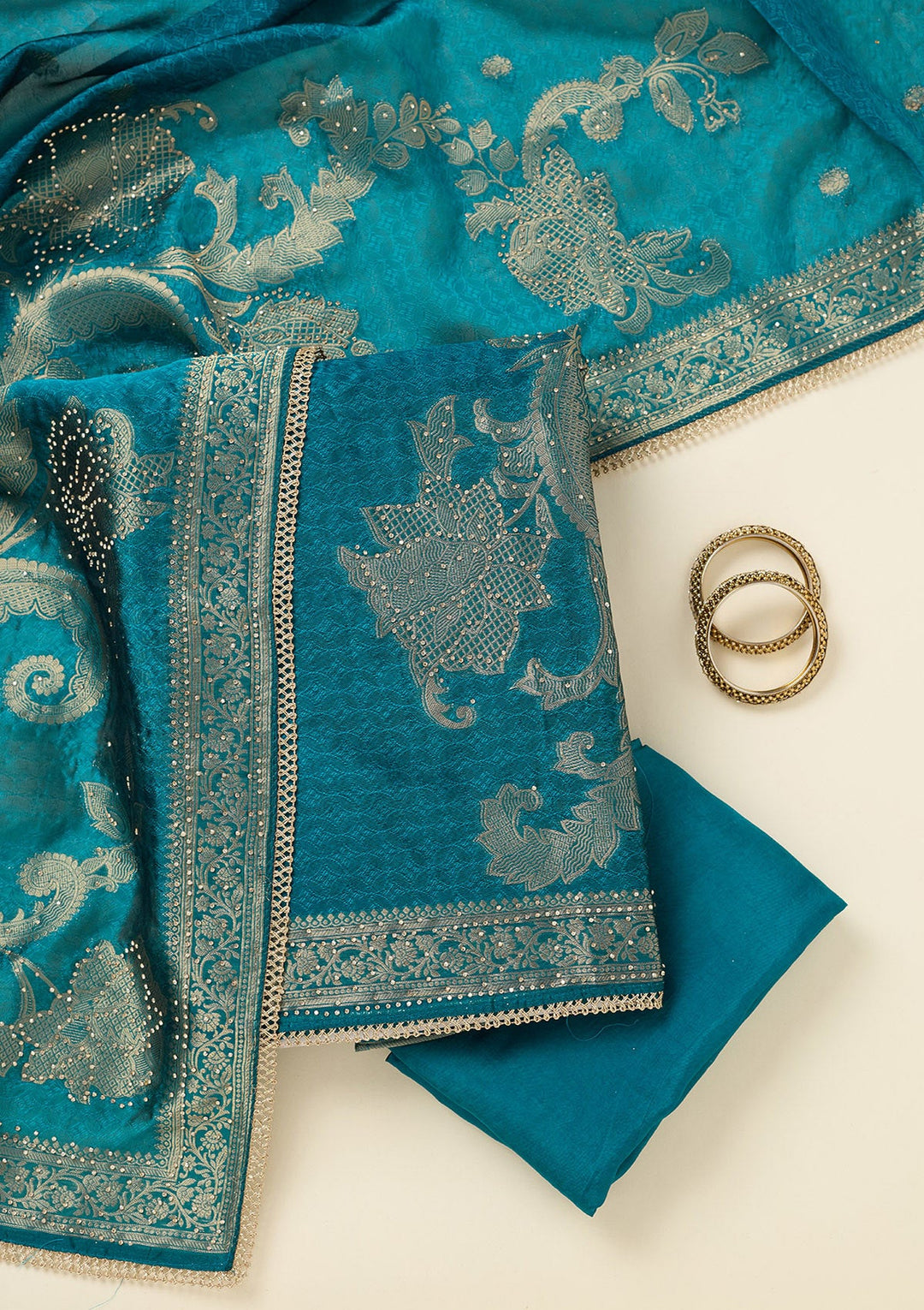 Turquoise Blue Zariwork (Gold) Dola Silk Unstitched Salwar Suit