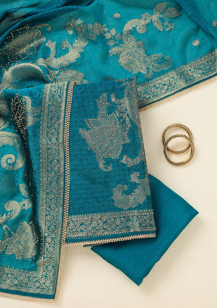 Turquoise Blue Zariwork (Gold) Dola Silk Unstitched Salwar Suit