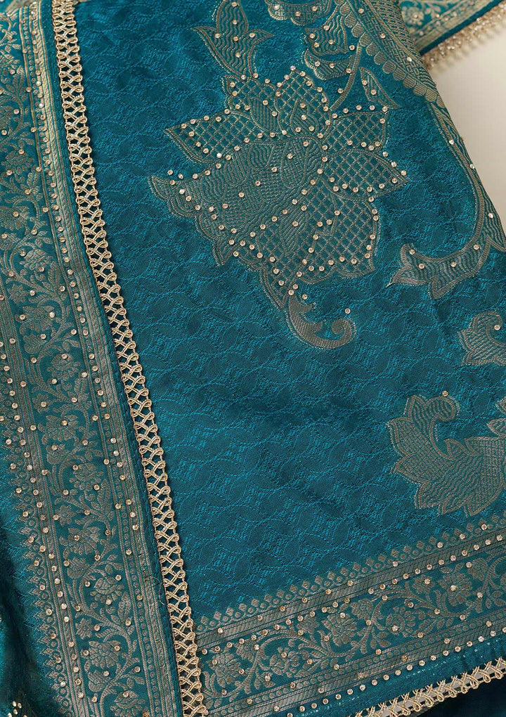 Turquoise Blue Zariwork (Gold) Dola Silk Unstitched Salwar Suit
