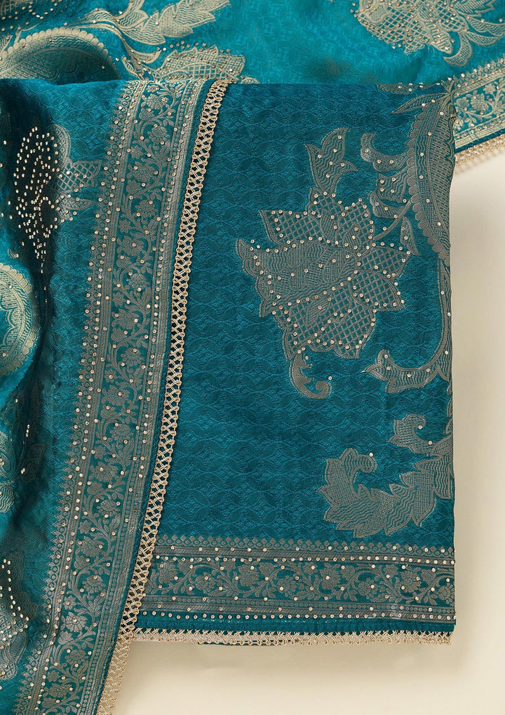 Turquoise Blue Zariwork (Gold) Dola Silk Unstitched Salwar Suit