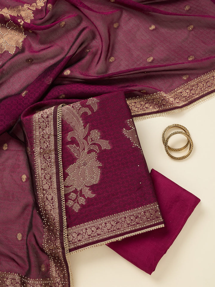 Wine Zariwork (Gold) Dola Silk Unstitched Salwar Suit