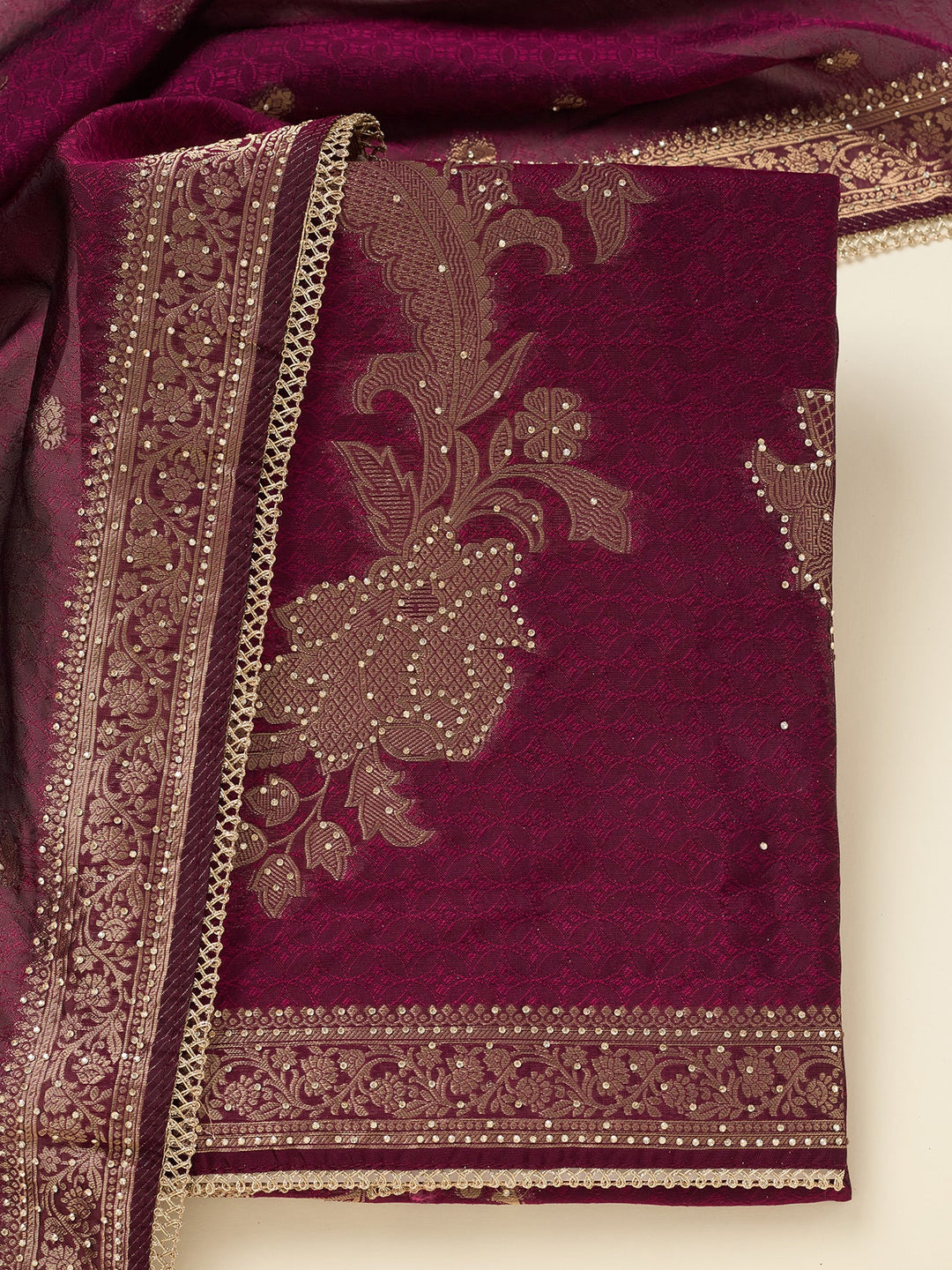 Wine Zariwork (Gold) Dola Silk Unstitched Salwar Suit