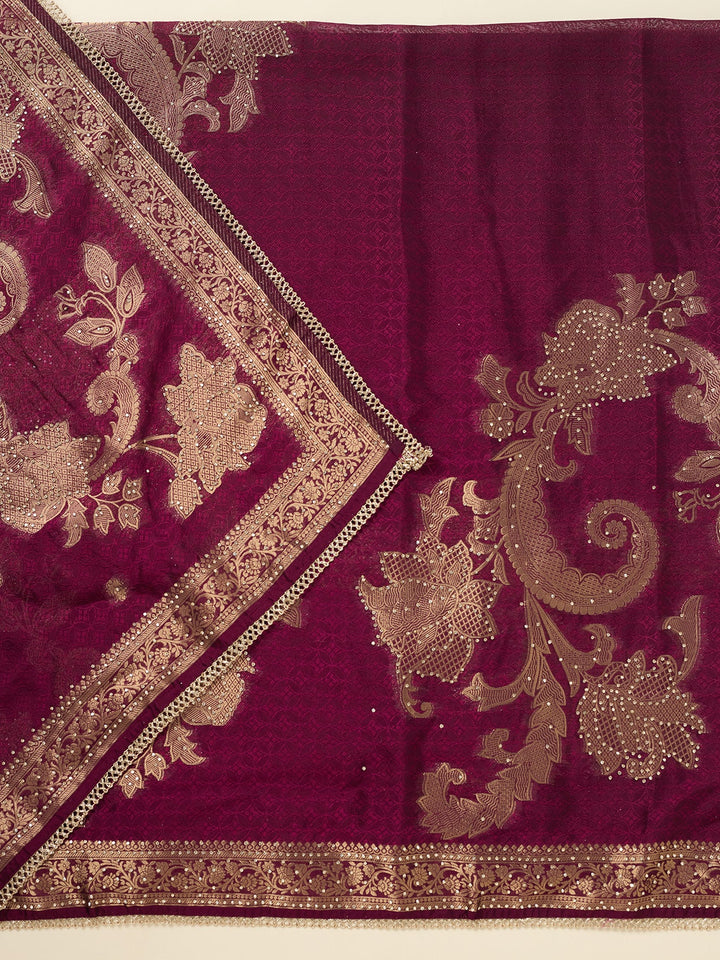 Wine Zariwork (Gold) Dola Silk Unstitched Salwar Suit