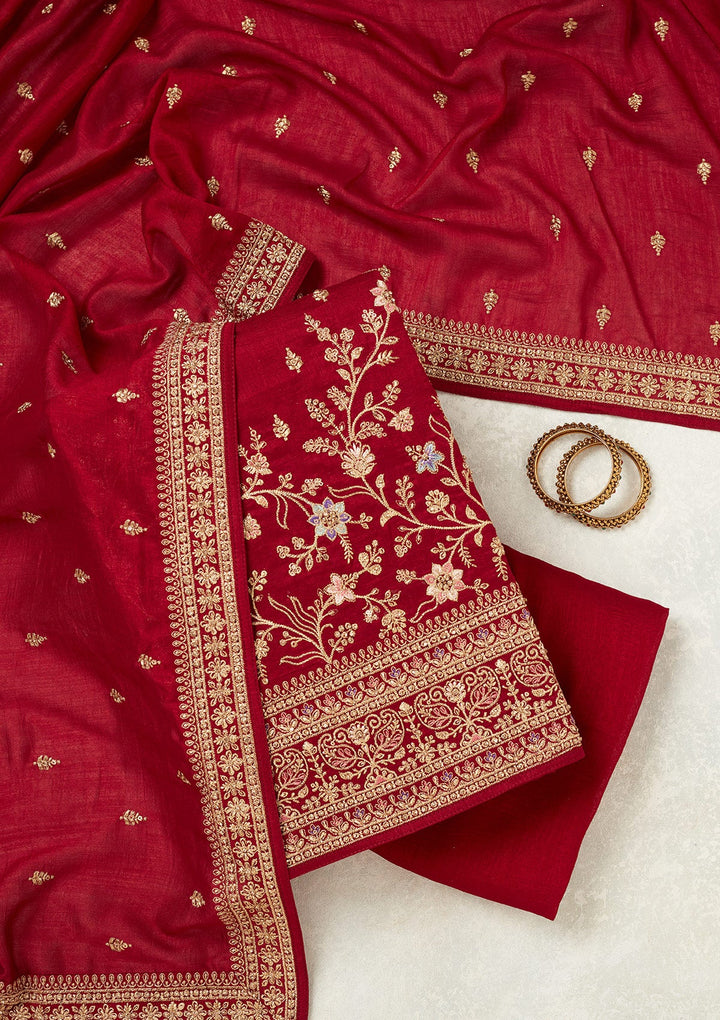 Maroon Cording Soft Raw Silk Unstitched Salwar Suit