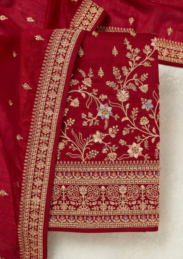 Maroon Cording Soft Raw Silk Unstitched Salwar Suit