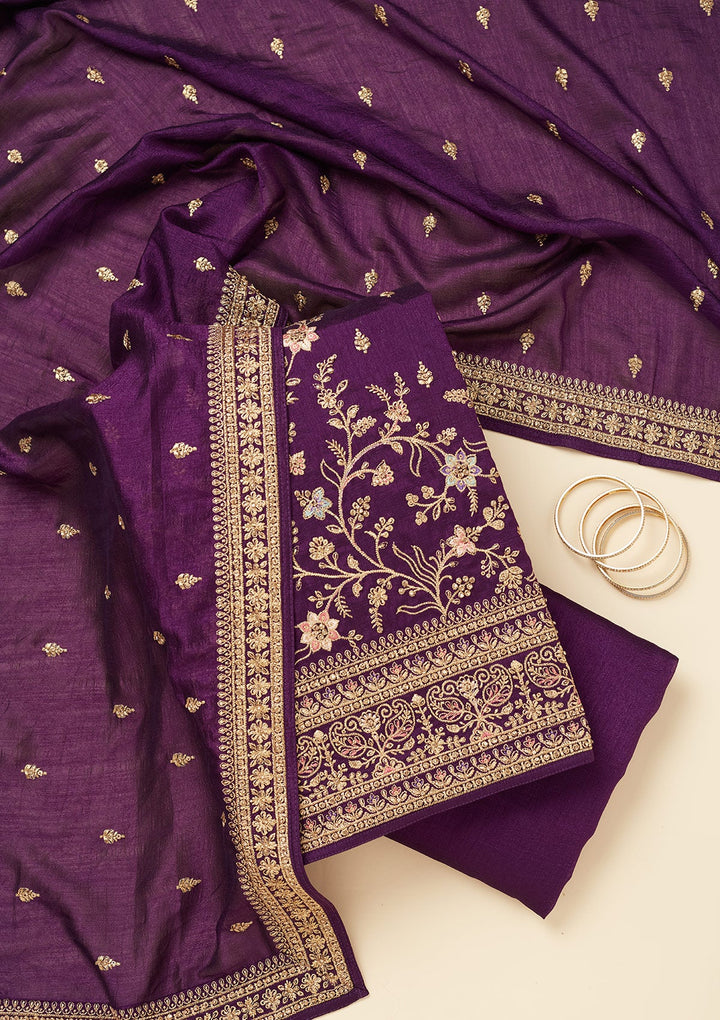 Purple Cording Soft Raw Silk Unstitched Salwar Suit