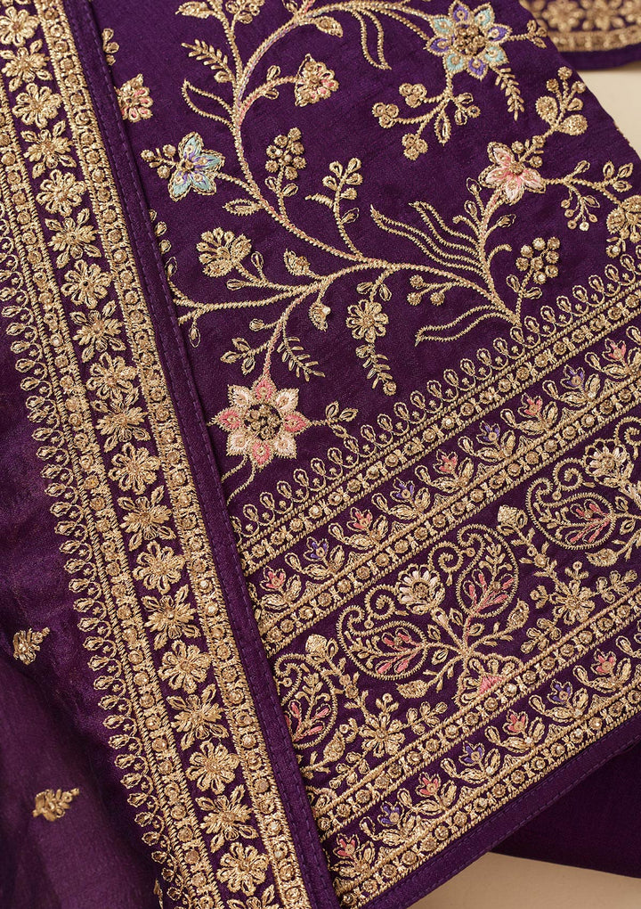 Purple Cording Soft Raw Silk Unstitched Salwar Suit
