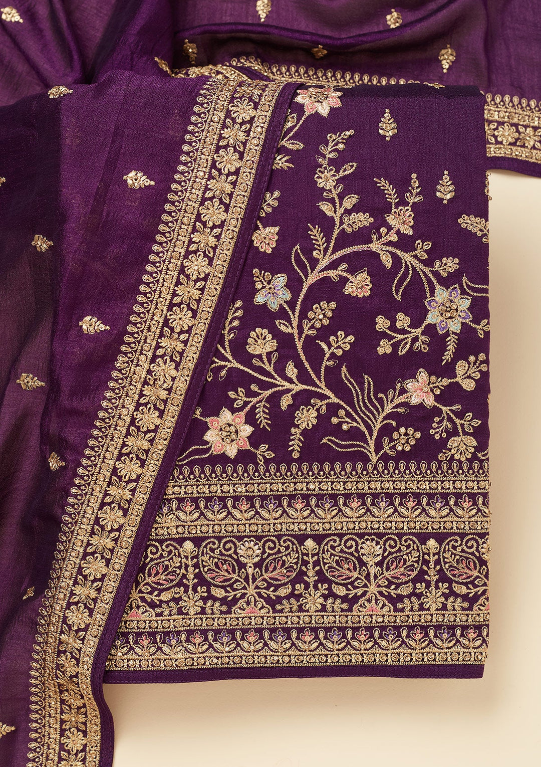 Purple Cording Soft Raw Silk Unstitched Salwar Suit