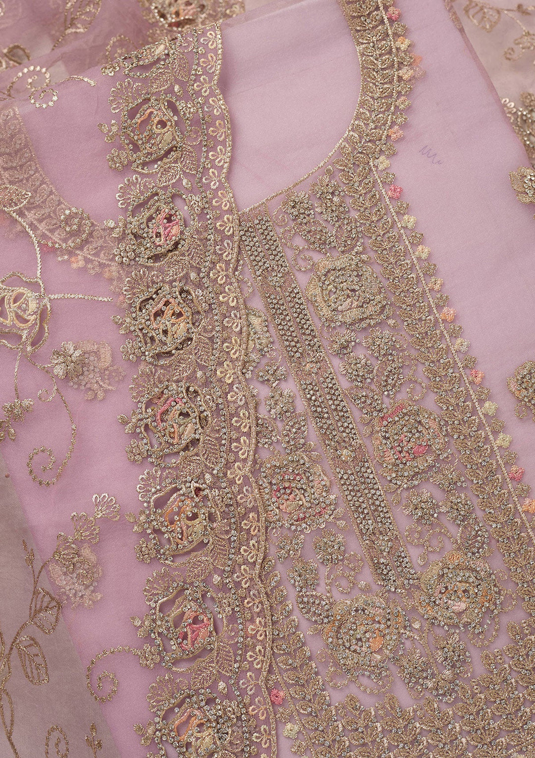 Lavender Zariwork (Gold) Organza Unstitched Salwar Suit_koskii