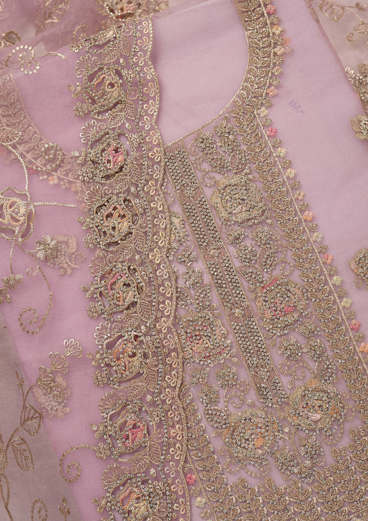 Lavender Zariwork (Gold) Organza Unstitched Salwar Suit_koskii