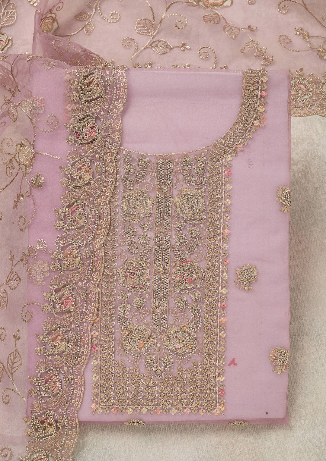 Lavender Zariwork (Gold) Organza Unstitched Salwar Suit_koskii