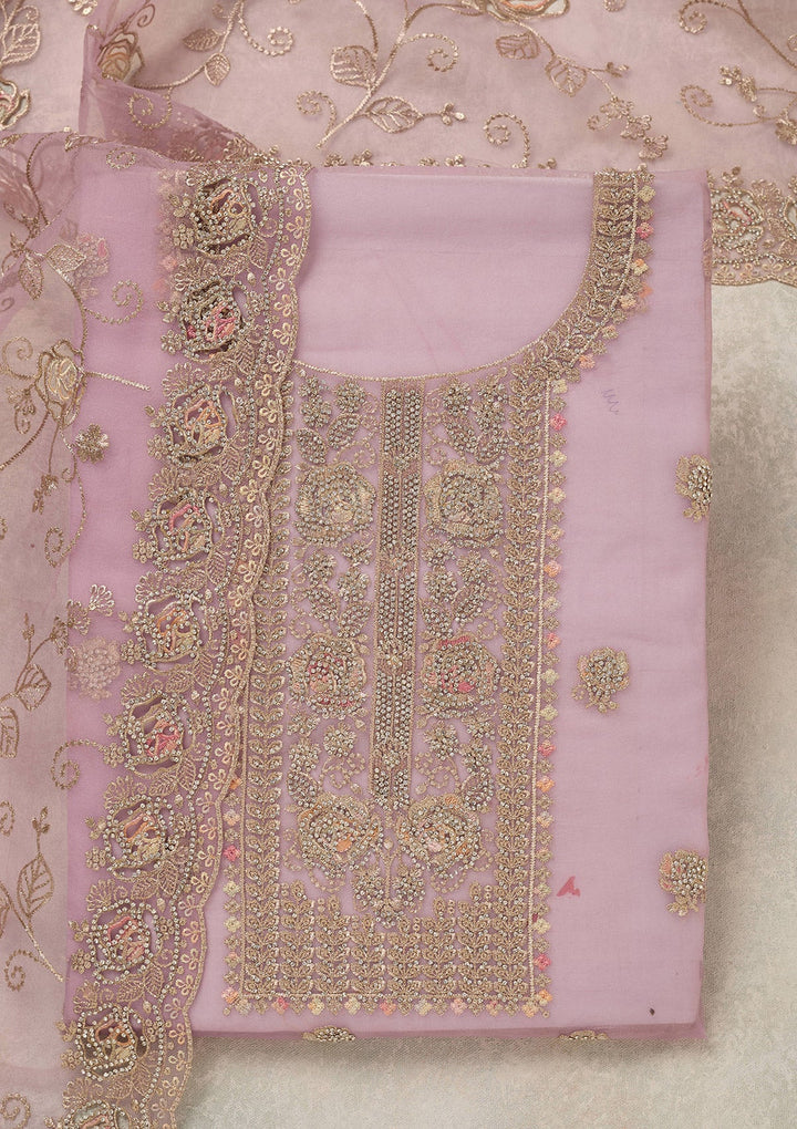 Lavender Zariwork (Gold) Organza Unstitched Salwar Suit_koskii