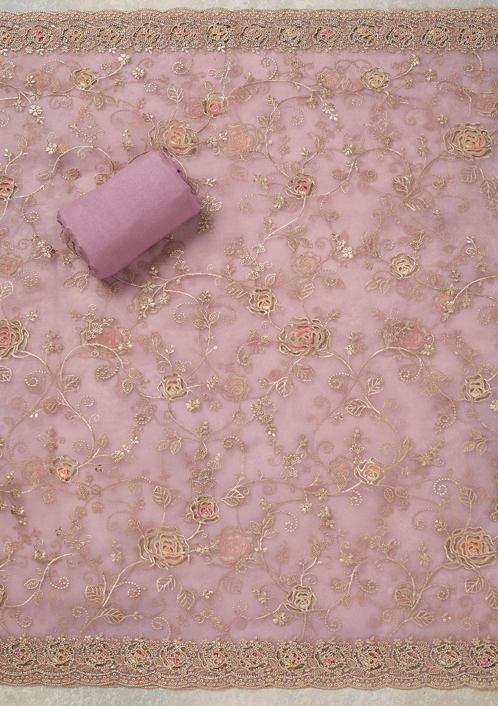 Lavender Zariwork (Gold) Organza Unstitched Salwar Suit_koskii