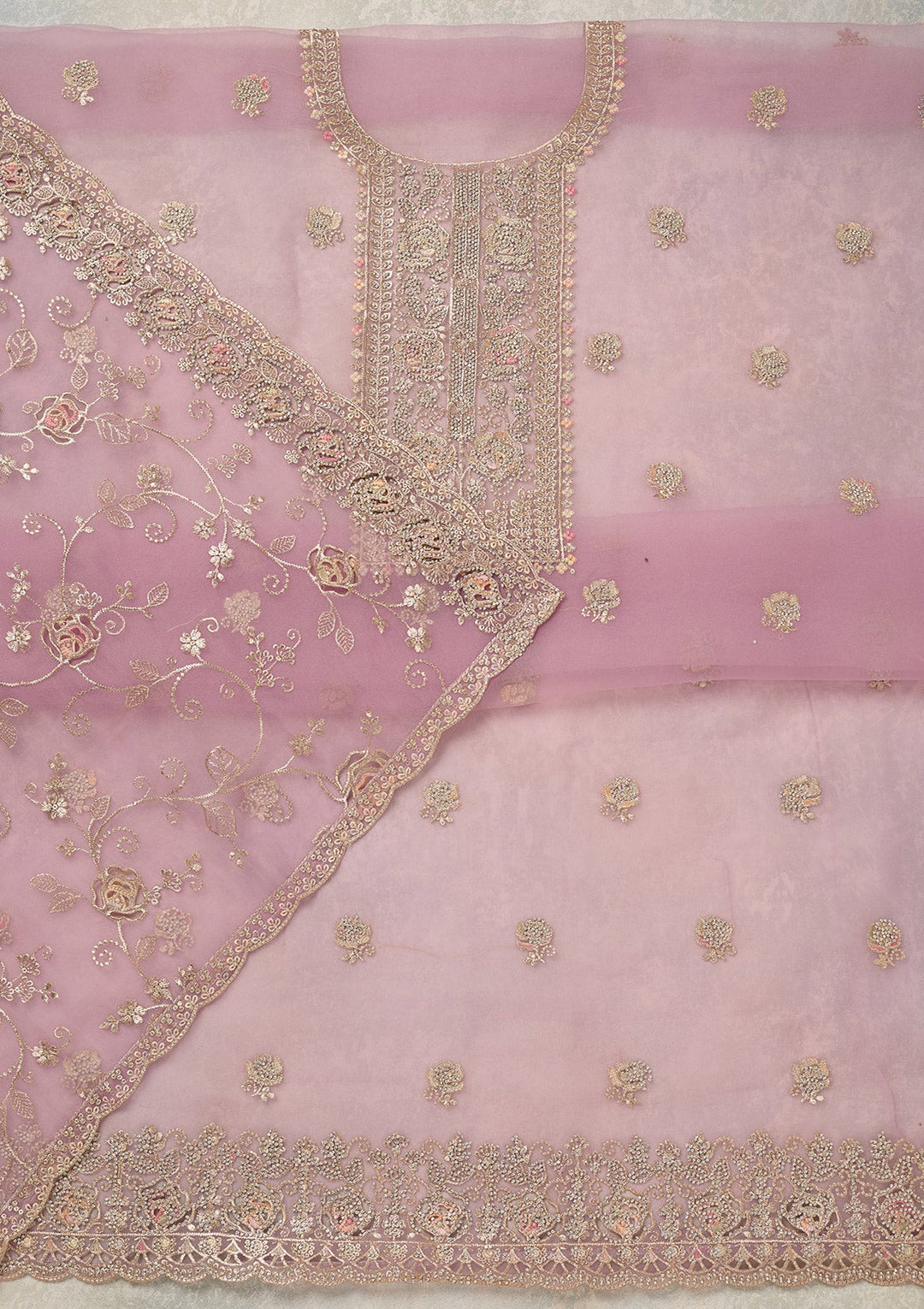 Lavender Zariwork (Gold) Organza Unstitched Salwar Suit_koskii