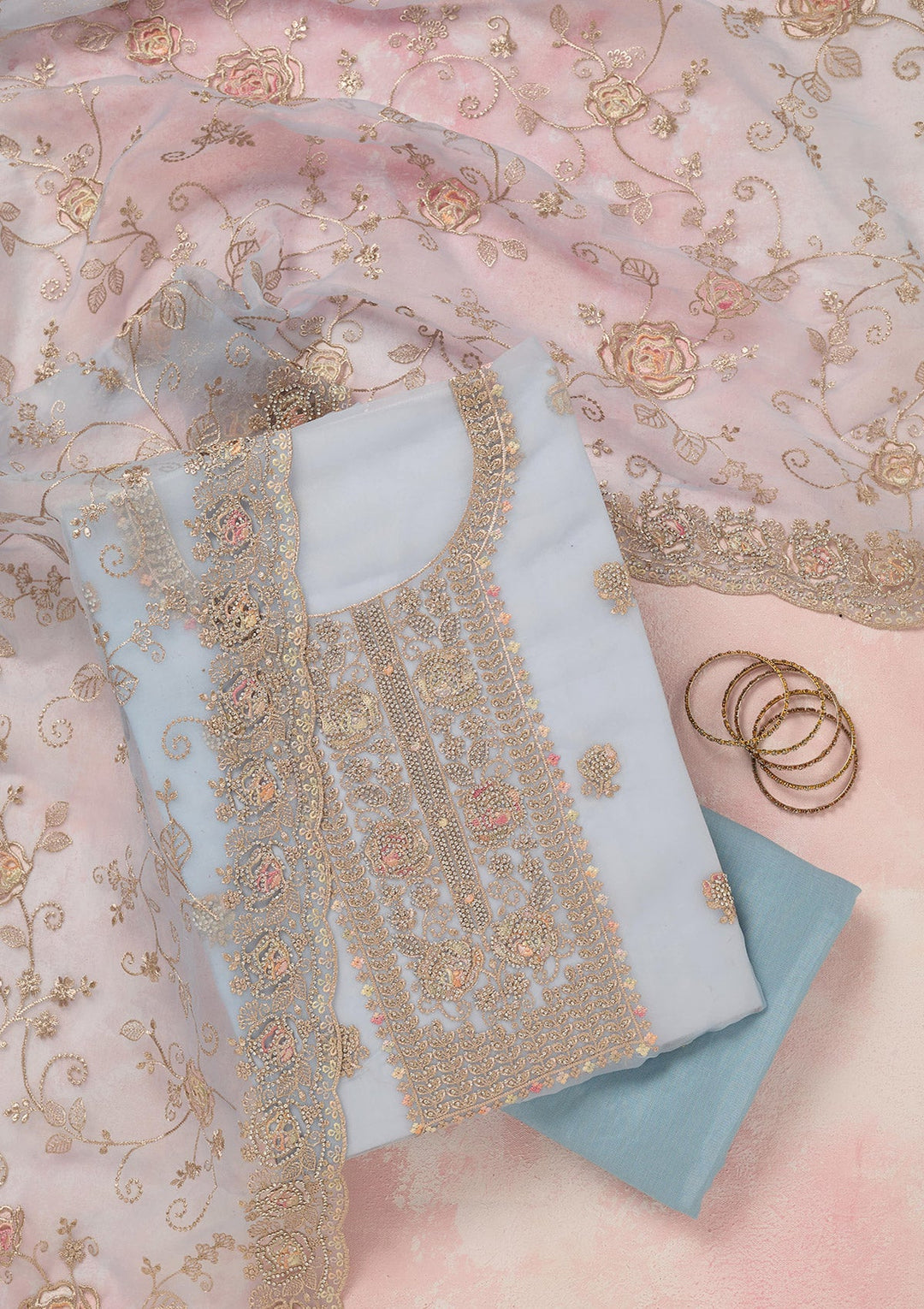 Sky Blue Zariwork (Gold) Organza Unstitched Salwar Suit_koskii