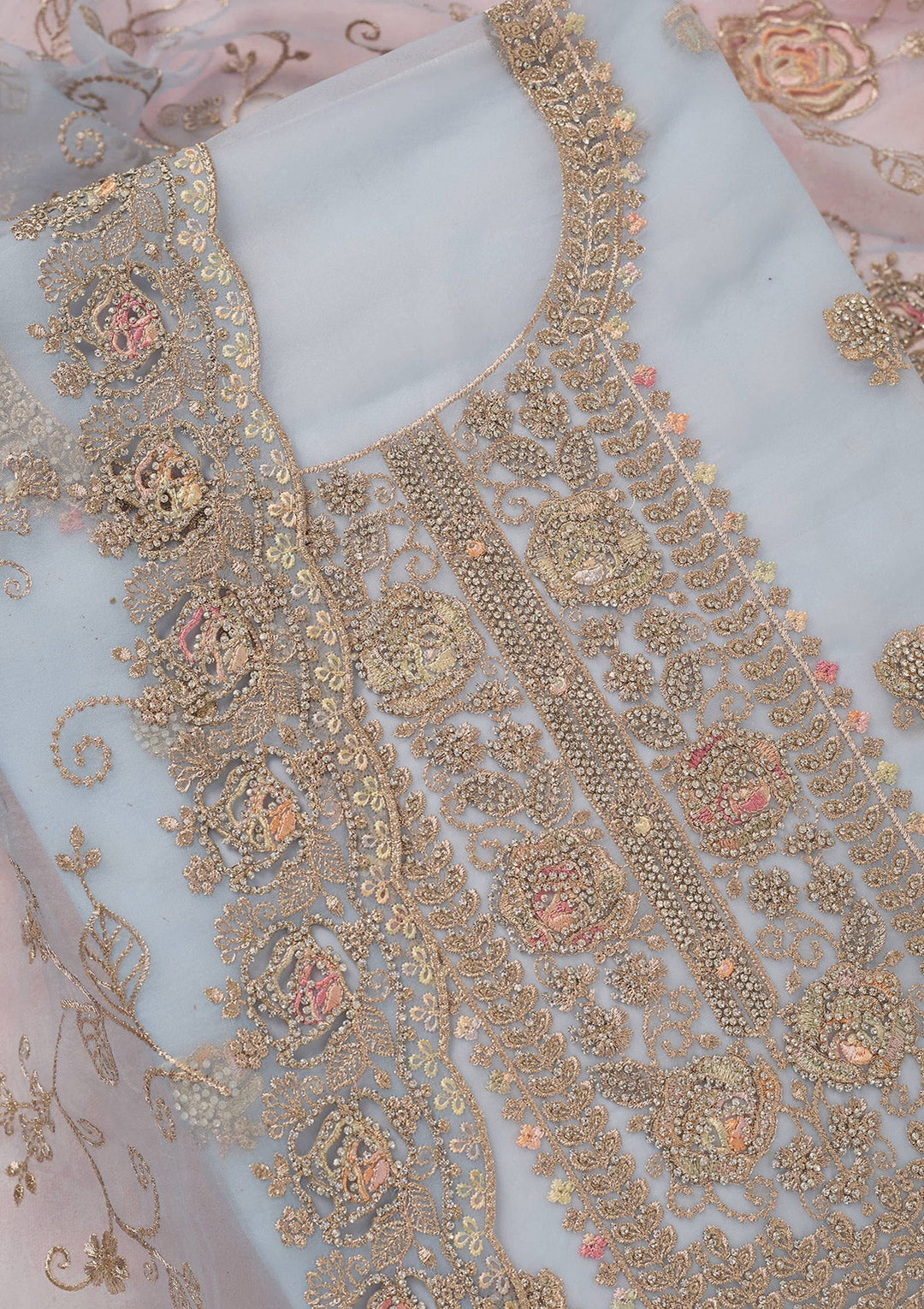 Sky Blue Zariwork (Gold) Organza Unstitched Salwar Suit_koskii