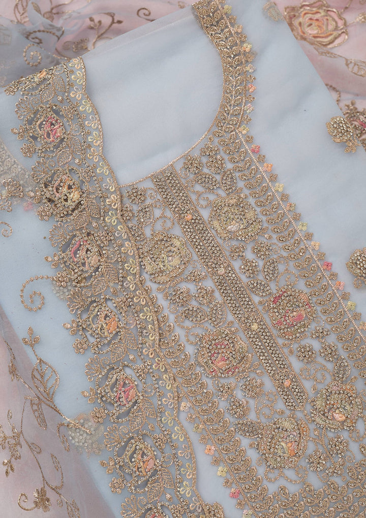 Sky Blue Zariwork (Gold) Organza Unstitched Salwar Suit_koskii