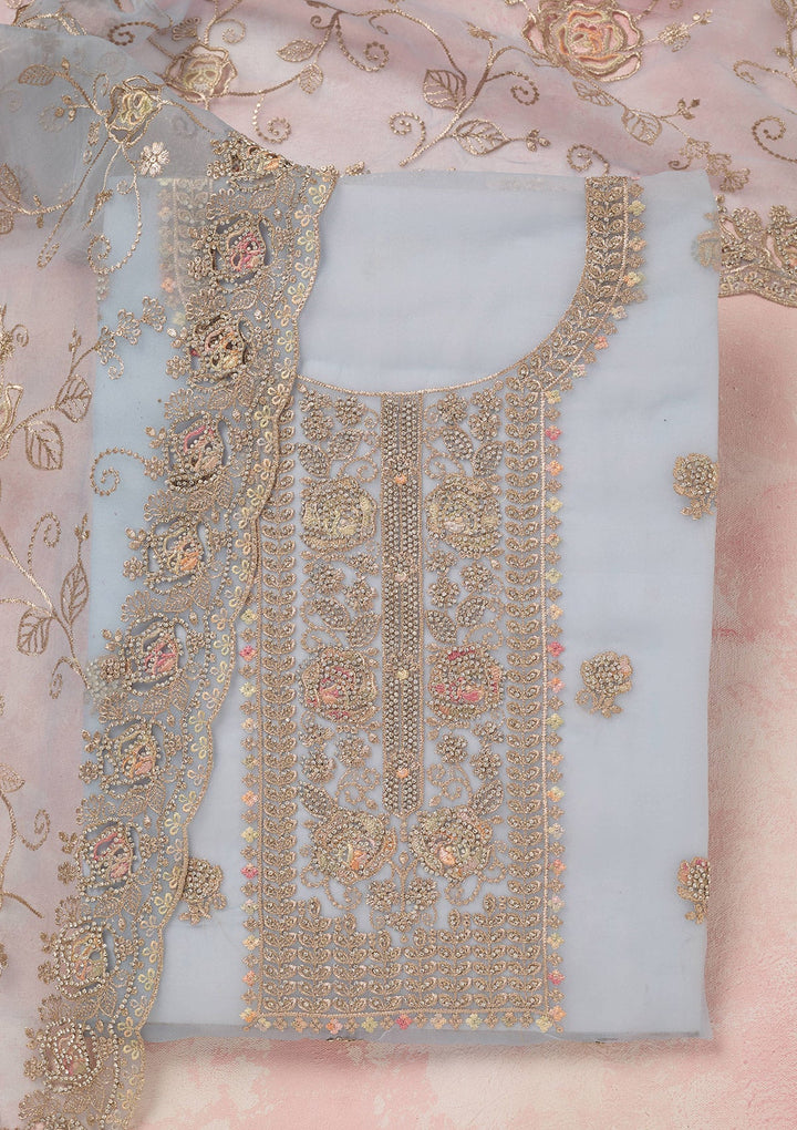 Sky Blue Zariwork (Gold) Organza Unstitched Salwar Suit_koskii
