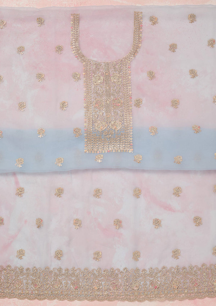 Sky Blue Zariwork (Gold) Organza Unstitched Salwar Suit_koskii