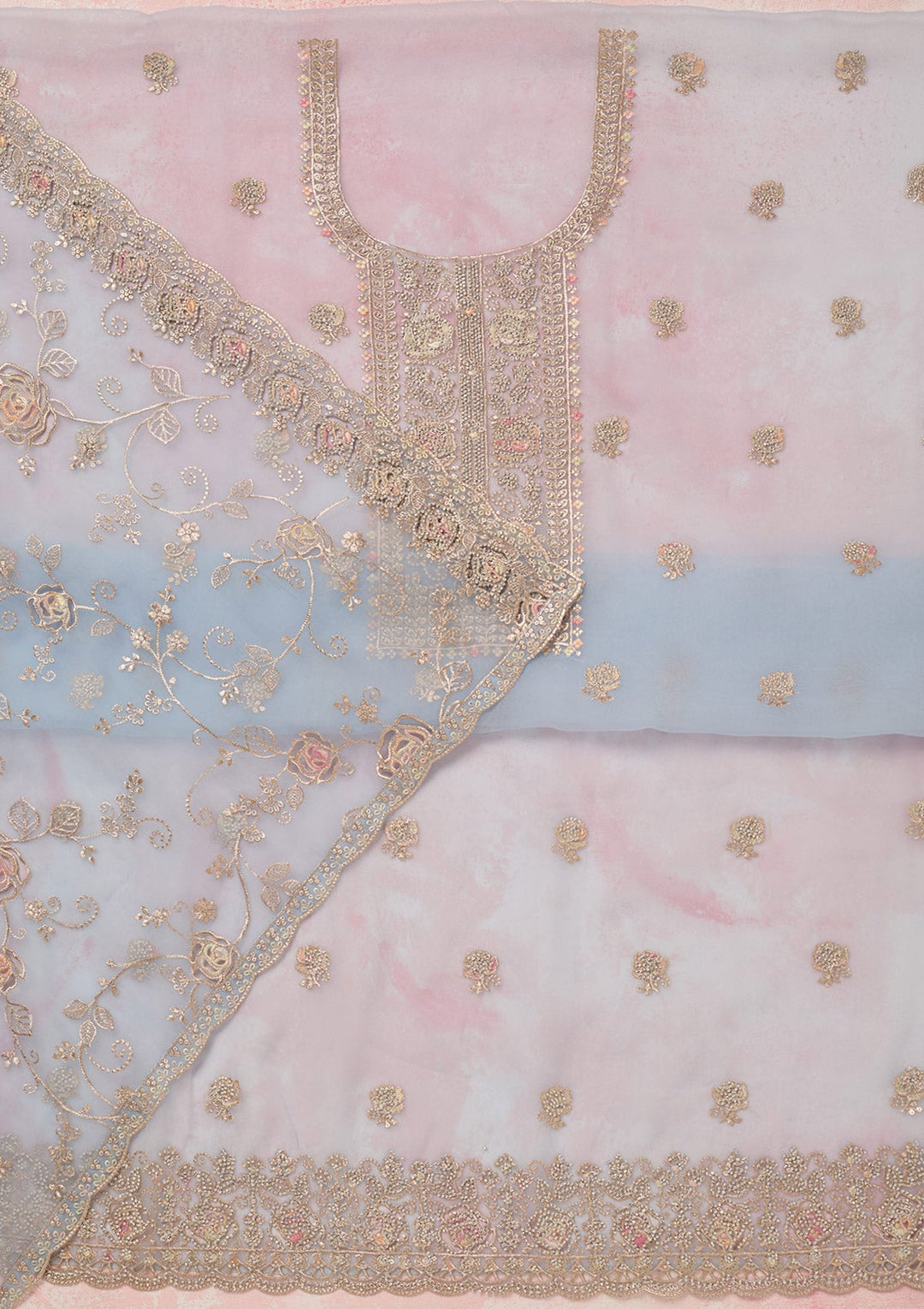 Sky Blue Zariwork (Gold) Organza Unstitched Salwar Suit_koskii
