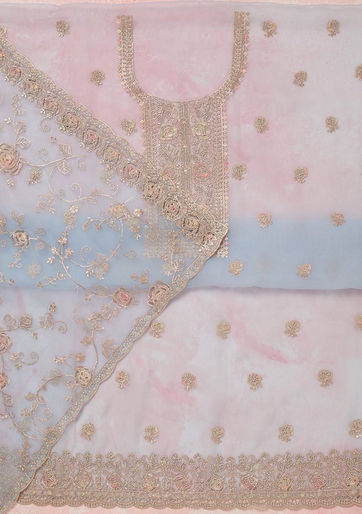Sky Blue Zariwork (Gold) Organza Unstitched Salwar Suit_koskii