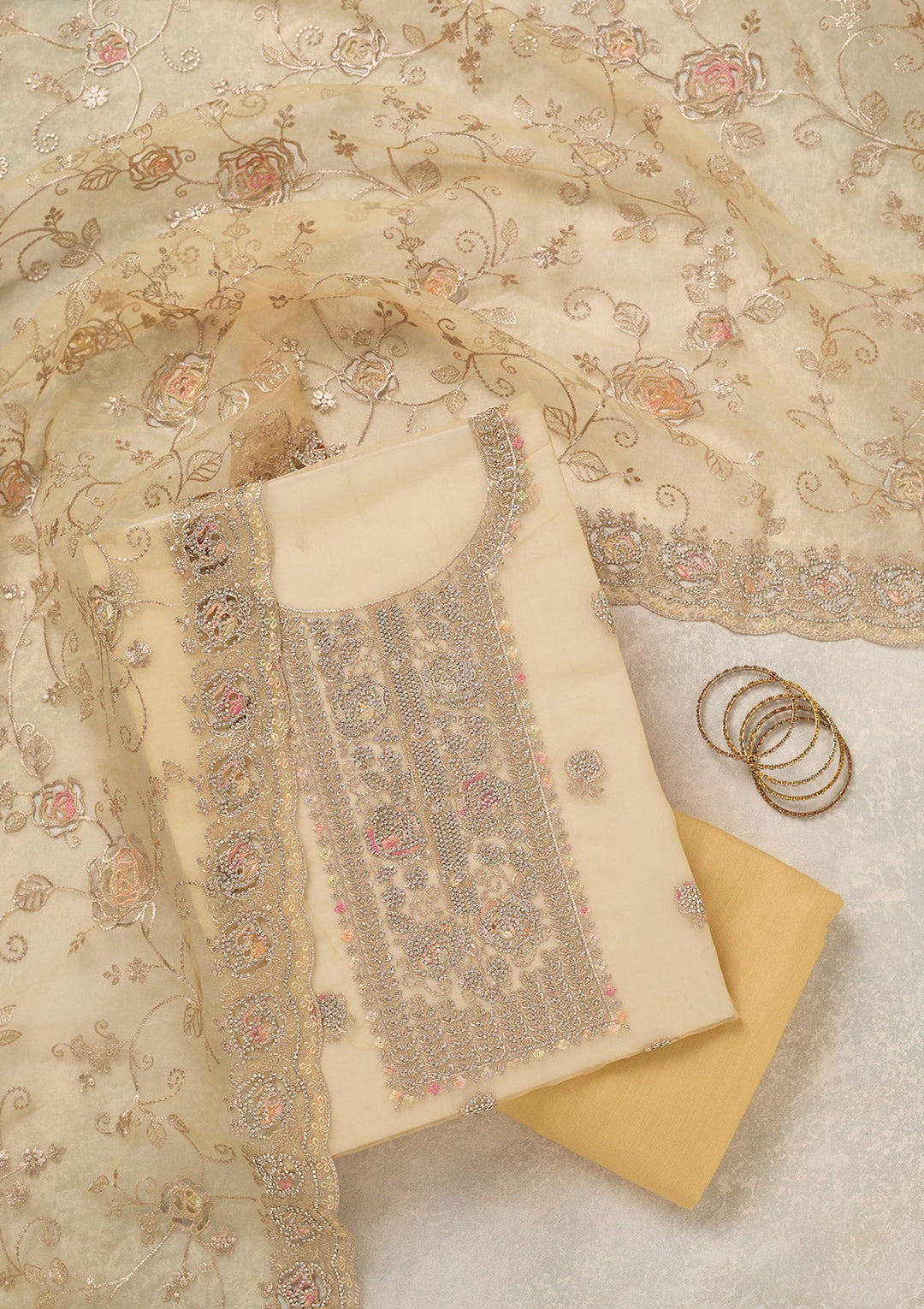Yellow Zariwork (Gold) Organza Unstitched Salwar Suit_koskii