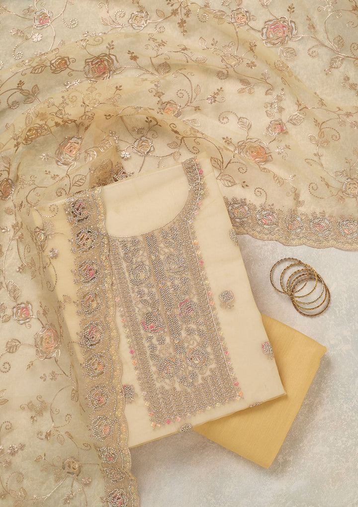 Yellow Zariwork (Gold) Organza Unstitched Salwar Suit_koskii