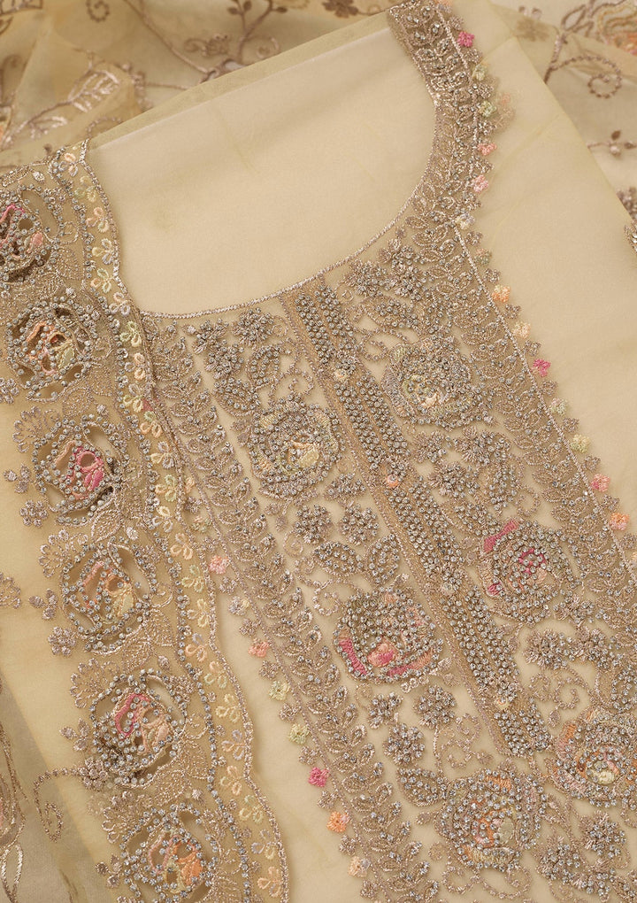 Yellow Zariwork (Gold) Organza Unstitched Salwar Suit_koskii