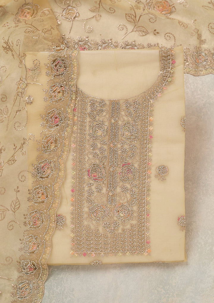 Yellow Zariwork (Gold) Organza Unstitched Salwar Suit_koskii
