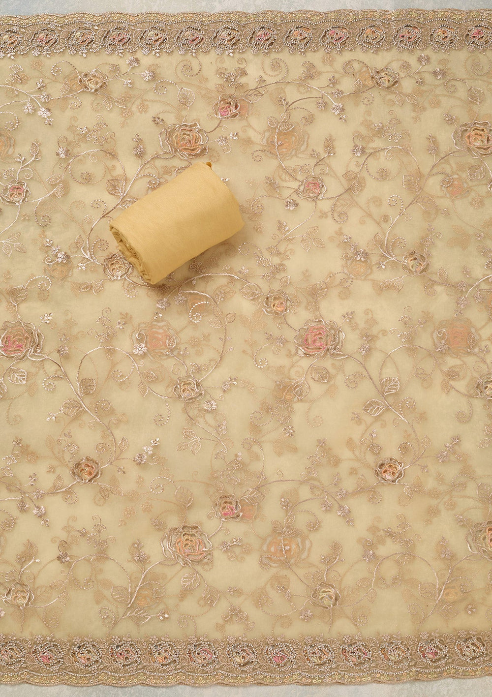 Yellow Zariwork (Gold) Organza Unstitched Salwar Suit_koskii