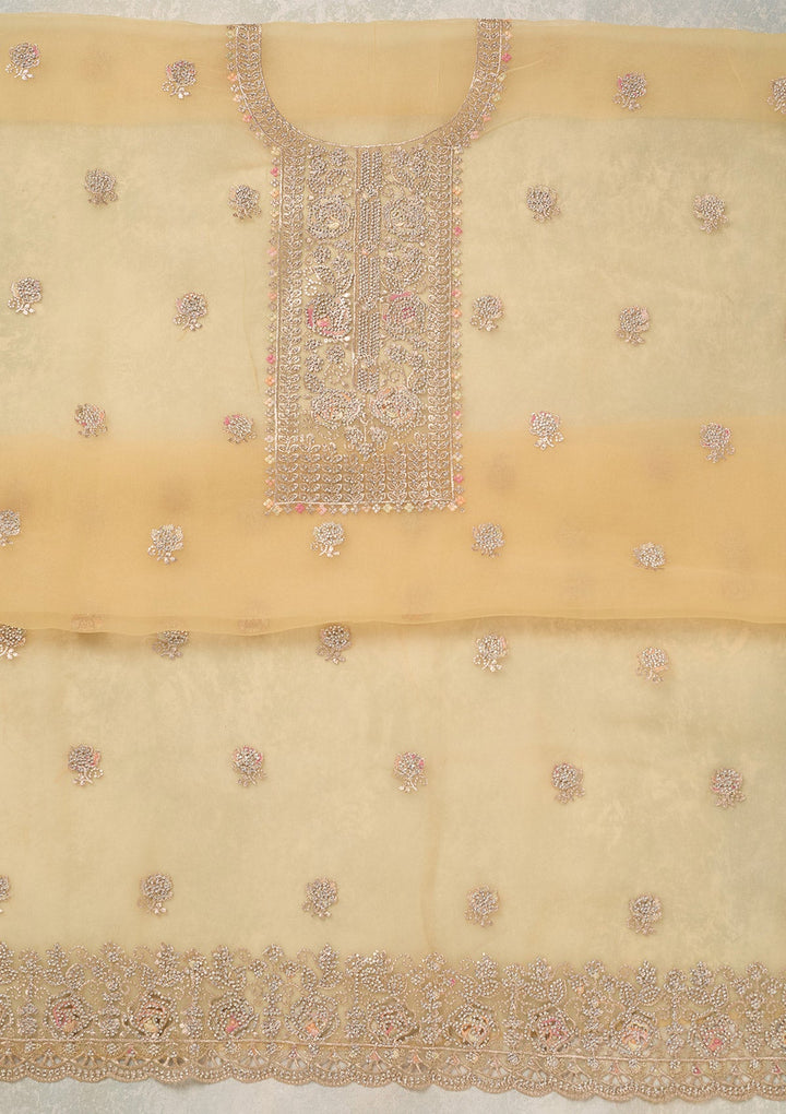 Yellow Zariwork (Gold) Organza Unstitched Salwar Suit_koskii