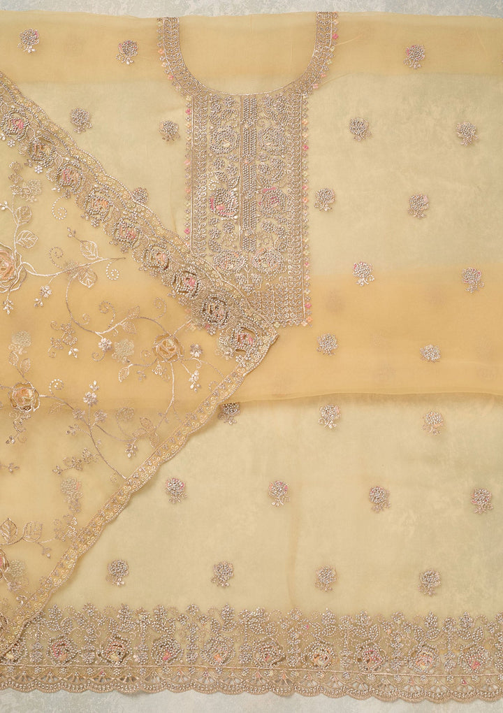 Yellow Zariwork (Gold) Organza Unstitched Salwar Suit_koskii
