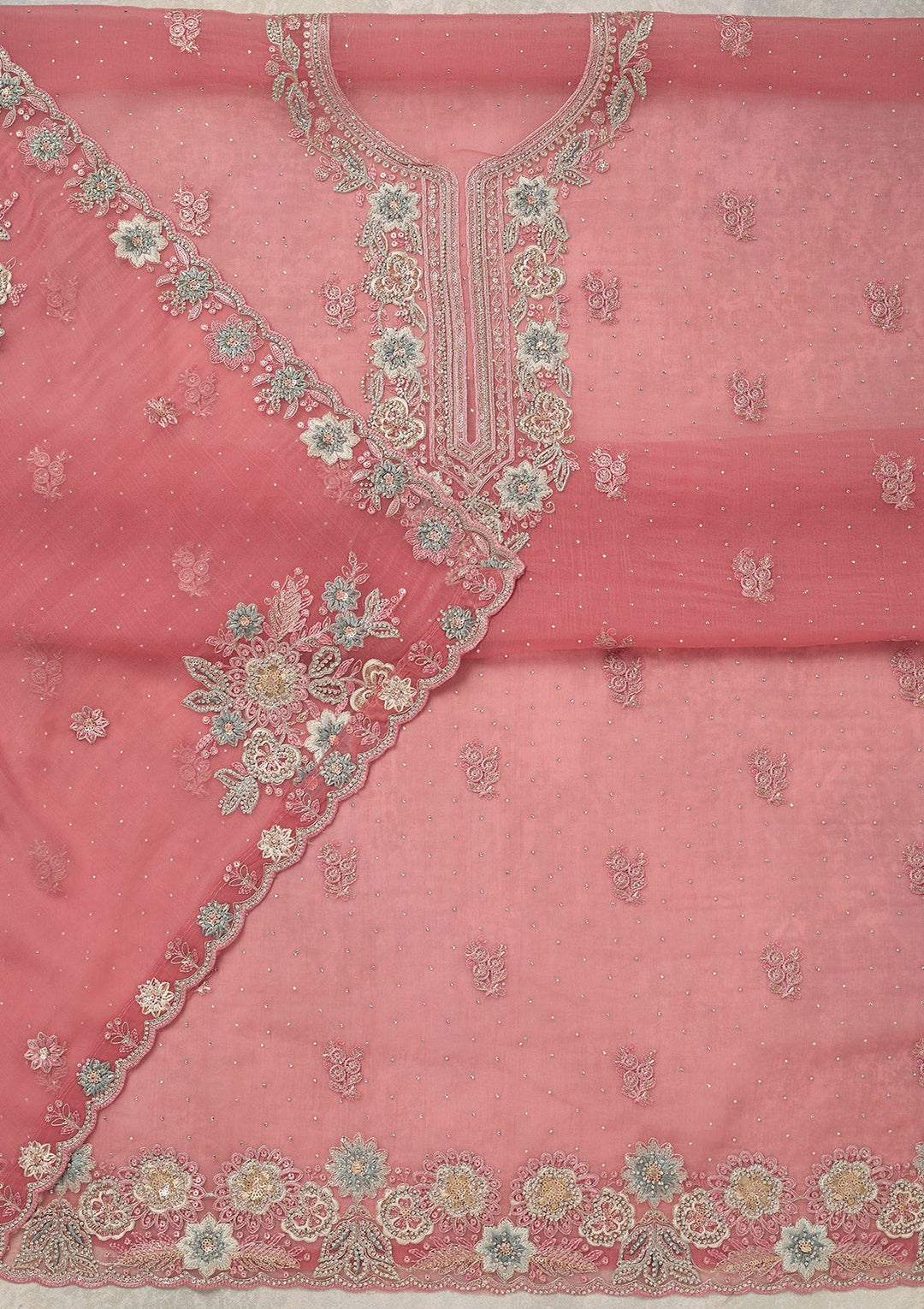 Onion Pink Zariwork (Silver) Organza Unstitched Salwar Suit_koskii