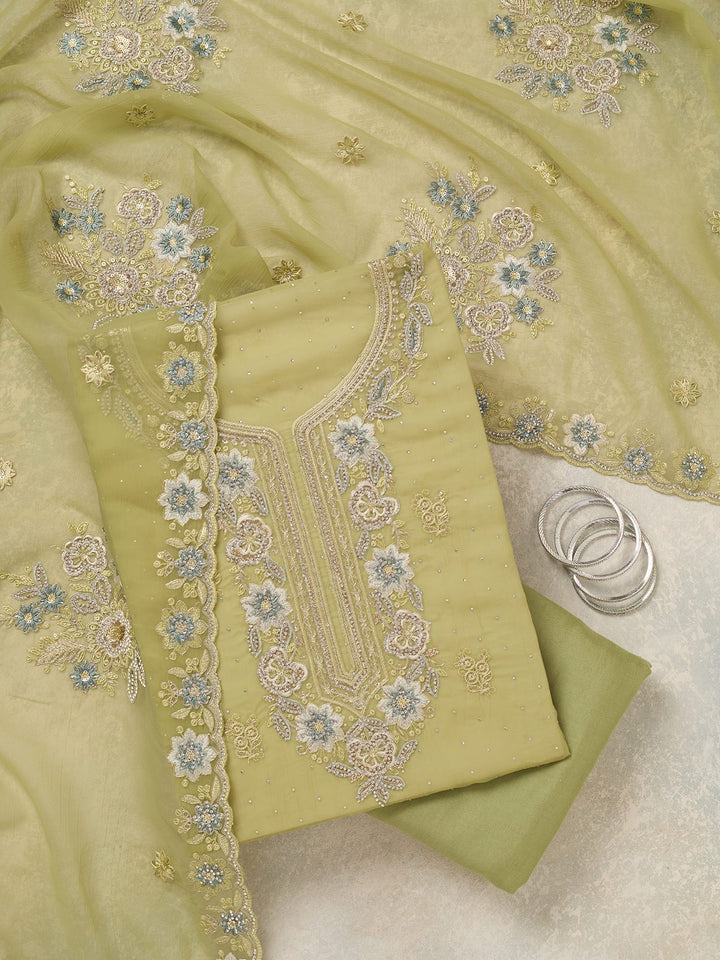 Pista Green Zariwork Organza Unstitched Salwar Suit-koskii