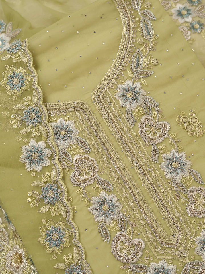 Pista Green Zariwork Organza Unstitched Salwar Suit-koskii