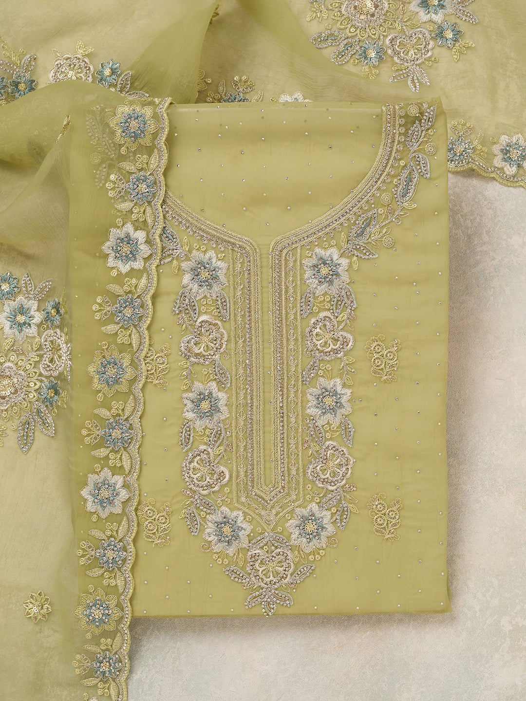 Pista Green Zariwork Organza Unstitched Salwar Suit-koskii