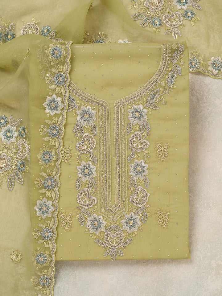 Pista Green Zariwork Organza Unstitched Salwar Suit-koskii