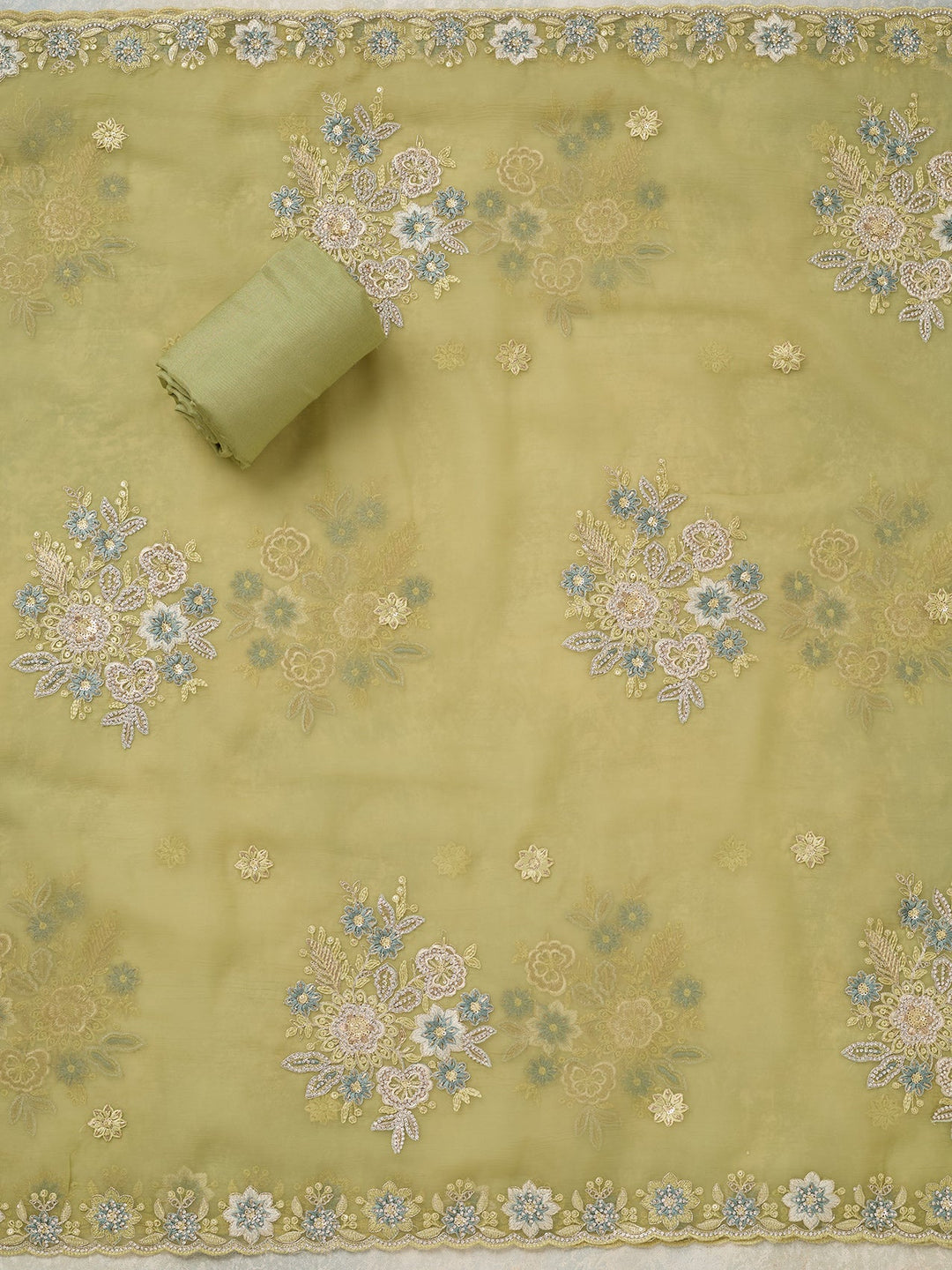 Pista Green Zariwork Organza Unstitched Salwar Suit-koskii