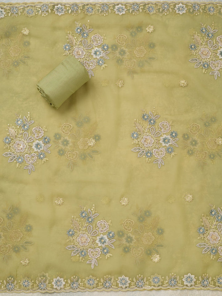 Pista Green Zariwork Organza Unstitched Salwar Suit-koskii