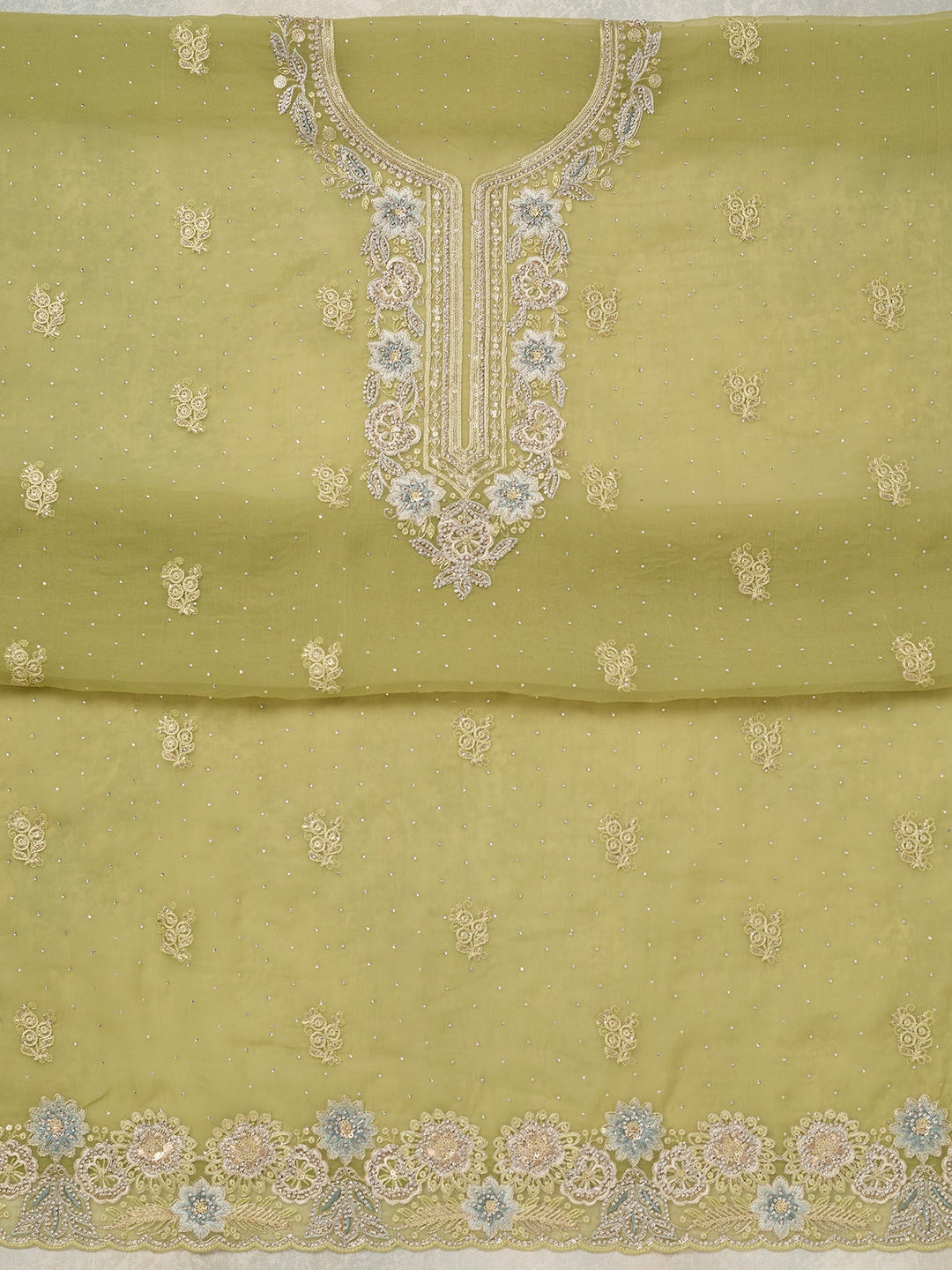 Pista Green Zariwork Organza Unstitched Salwar Suit-koskii