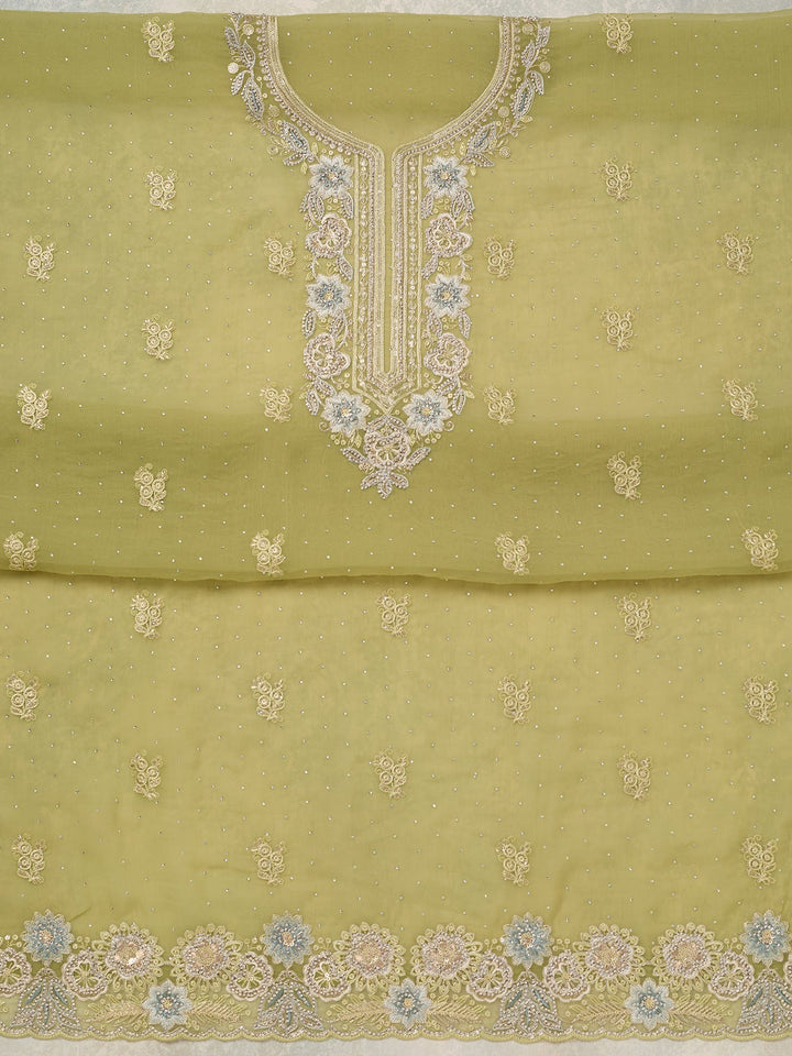 Pista Green Zariwork Organza Unstitched Salwar Suit-koskii