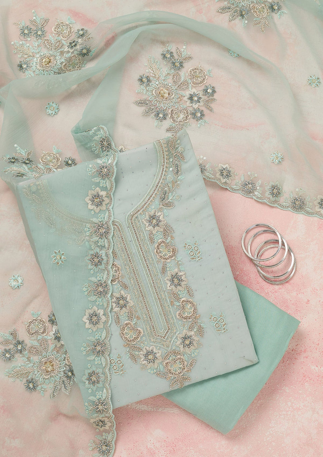 Sky Blue Zariwork (Silver) Organza Unstitched Salwar Suit_koskii