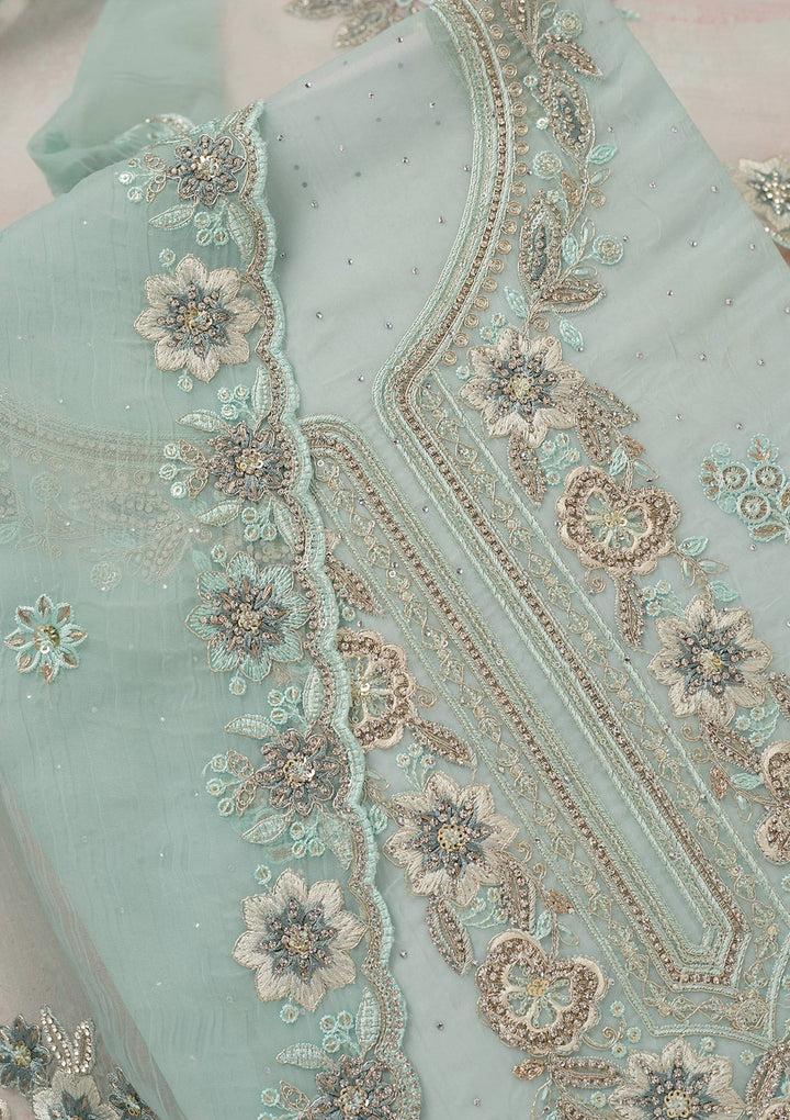 Sky Blue Zariwork (Silver) Organza Unstitched Salwar Suit_koskii